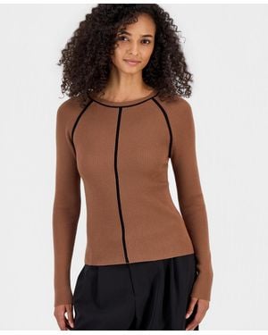Tahari Raglan-sleeve Ribbed Crewneck Long-sleeve Pullover Sweater - Black