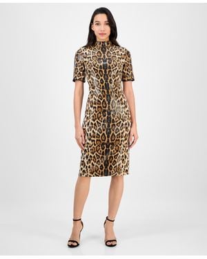 Anne Klein Sequined Animal-print Short-sleeve Bodycon Dress - Natural