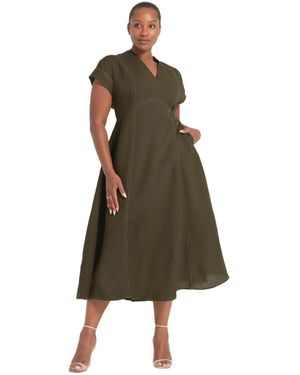 Estelle Plus Size Arden Contrast Stitch Linen Maxi Dress - Green
