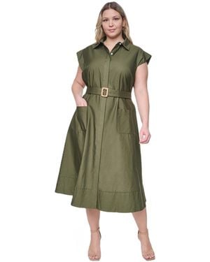 Eliza J Plus Size Trapunto Stitch Short-sleeve Belted Midi Shirt Dress - Green