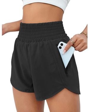 FURLING High Waisted Athletic Shorts Quick Dry Zipper Pocket Double Layer - Black