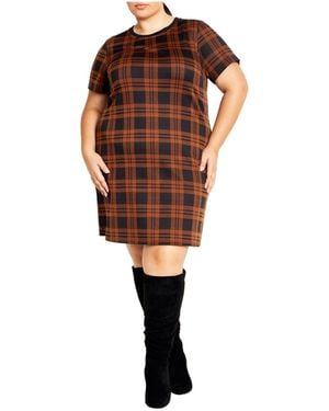 City Chic Plus Size Check Love Shift Mini Dress - Brown