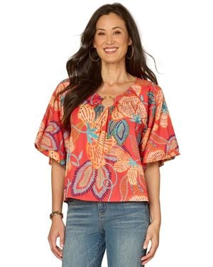 Democracy Petite Bubble Bell-sleeve V-neck Printed Woven Top - Red