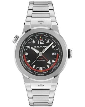 Ferragamo F-80 Gmt Worldtime Stainless Steel Bracelet Watch 43mm - Metallic