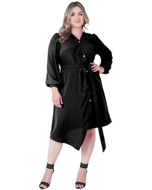 Standards & Practices Plus Size Asymmetrical Hem Button-up Wrap Lantern Sleeve Dress - Black