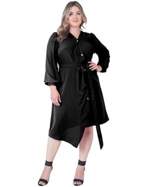 Standards & Practices Plus Size Asymmetrical Hem Button-up Wrap Lantern Sleeve Dress - Black