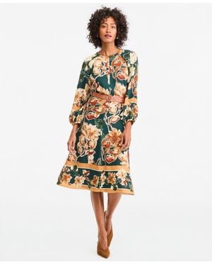 Maggy London Long-sleeve Floral A-line Midi Dress - White
