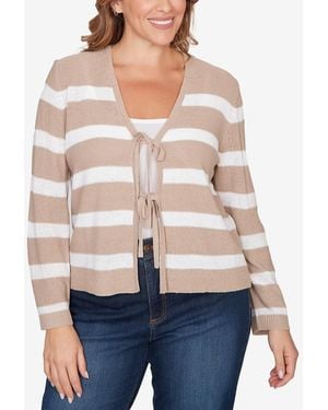 Ruby Rd. Plus Size Striped Tie Front Cardigan Sweater - Natural