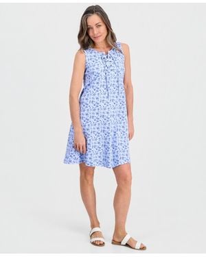 Style & Co. Petite Floral Knit Sleeveless Lace-up Dress - Blue