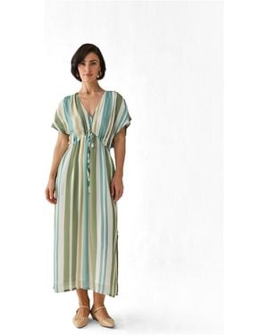REISTOR Striped Drawstring Waist Maxi Dress - White