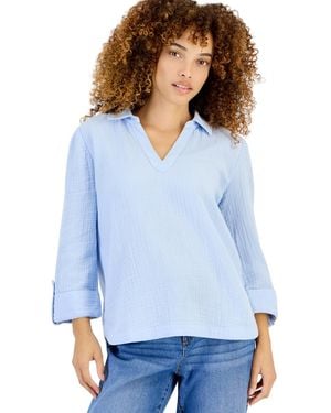 Style & Co. Petite Cotton Gauze Popover Roll-tab Shirt - Blue