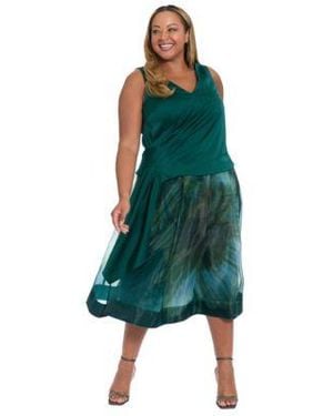 Muse Plus Size Asymmetrical Pleated Top Pleated Organza Midi Skirt - Green