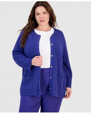 Kasper Plus Size Textured Patch-pocket Crewneck Cardigan - Blue