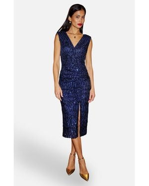 Yumi' Sequin Fitted Wrap Dress With Split Hem - Blue