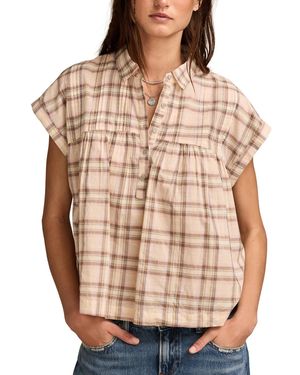 Lucky Brand Cotton Plaid Draped Tunic Top - Brown