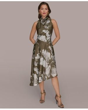 Donna Karan Petite Satin Asymmetrical Floral Midi Dress - Brown