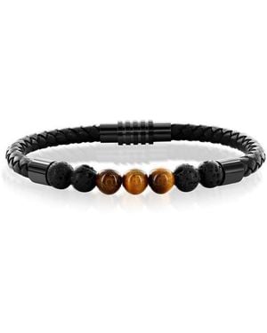 Metallo Stainless Steel Genuine Bead Leather Bracelet - Black