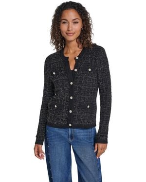 KARL LAGERFELD Eyelash-knit Metallic Crewneck Long-sleeve Cardigan Sweater - Blue