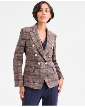 Tahari Plaid Double-breasted Blazer - Gray