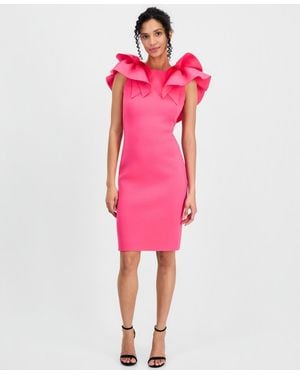 Anne Klein Ruffle-shoulder Boat-neck Sheath Dress - Pink