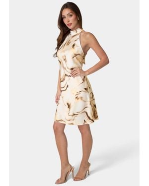 Bebe Animal Satin Mock Neck Dress - Natural