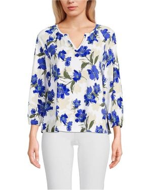 Lands' End Lightweight Jersey 3/4 Sleeve Notch Neck Gather Blouse - Blue