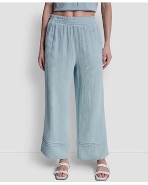 DKNY Petite Smocked Encased Elastic Waistband Ankle Length Pants - Blue