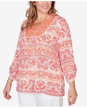 Ruby Rd. Plus Size Woodblock Twin Printed Knit Top - Red