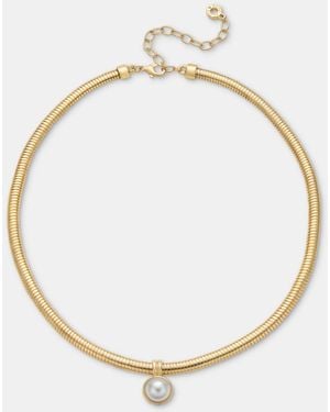 Anne Klein Gold-tone Omega Chain Faux Imitation Pearl Pendant Necklace - Metallic