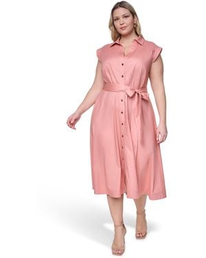 Calvin Klein Plus Size Cotton-blend Collared V-neck Shirt Dress - Pink