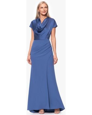 Betsy & Adam Petite Cowl Neck Long Ball Gown - Blue