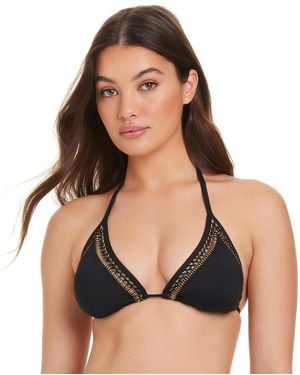 Red Carter Stitched Up Crochet Halter Triangle Bikini Top - Black
