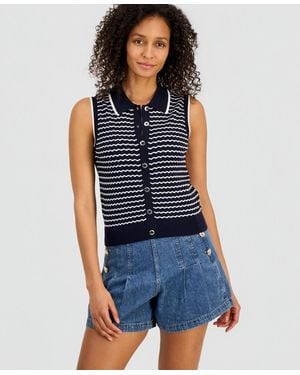 Nautica Striped Sleeveless Pointelle Polo Sweater - Blue