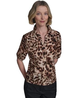 Halston Cotton Printed Elbow-sleeve Button-front Blouse - Brown