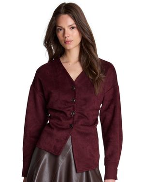 Kenneth Cole Long-sleeve V-neck Asymmetrical-hem Pleated Scuba Suede Blouse - Purple