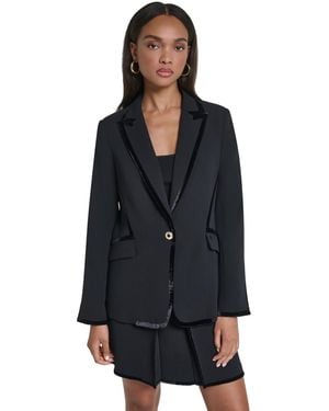 KARL LAGERFELD Mixed Media Notch-collar Velvet-trim Blazer - Blue