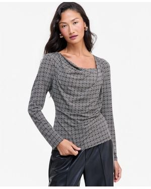 INC International Concepts Geometric-print Cowl-neck Long-sleeve Blouse - Gray