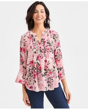 Style & Co. Petite Floral Print V-neck Top - Red