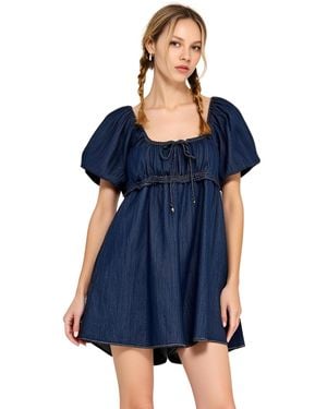 Modenaire Puff Sleeve Tie Front Romper - Blue