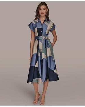 Donna Karan Petite Belted Short-sleeve Shirtdress - Blue