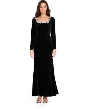 Tahari Rhinestone Square Neck Long Sleeve Velvet Gown - Black