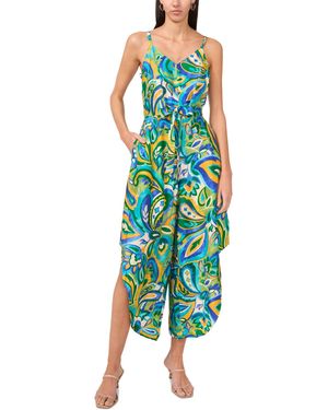 Msk Petite Printed Tie-waist Sweetheart Wide-leg Jumpsuit - Green