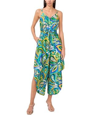Msk Petite Printed Tie-waist Sweetheart Wide-leg Jumpsuit - Green