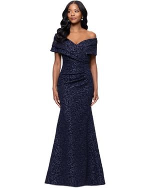 Betsy & Adam Off-the-shoulder Brocade Gown - Blue