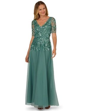 Adrianna Papell Embellished Mesh V-neck Gown - Green