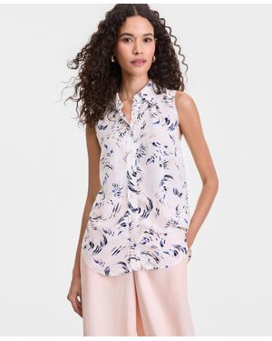 INC International Concepts Printed Button-down Sleeveless Blouse - White