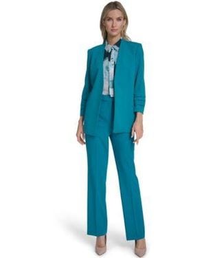 Calvin Klein Textured Ruffle Neckline Top Open Front Ruched Sleeve Jacket Modern Fit Pant - Blue