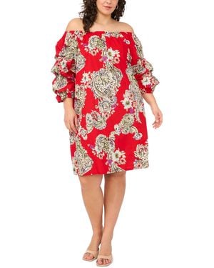Msk Plus Size Printed Cotton Off-the-shoulder Dress - Red