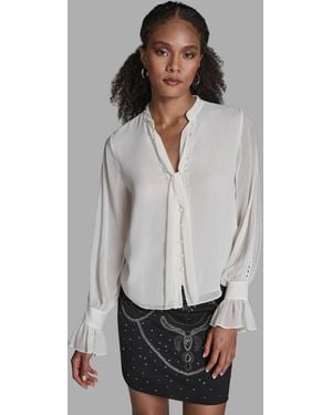 BCBGMAXAZRIA Long-sleeve Tie-neck Ruffle Cuff Blouse - Gray