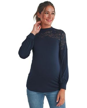 Hello Miss Maternity Floral-lace Yoke Mock-neck Long-sleeve Top - Blue